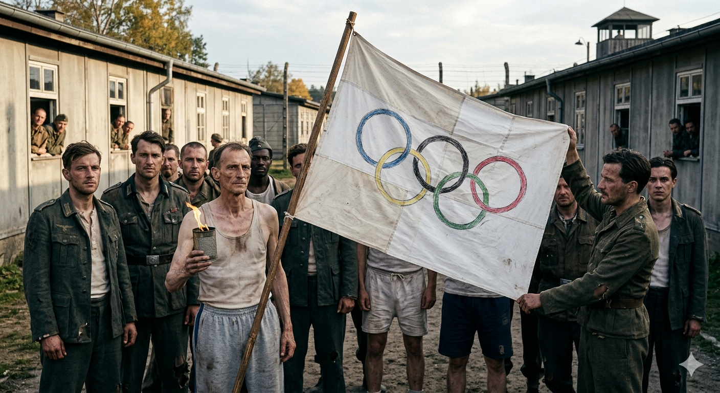 Олимпийские игры военнопленных в Stalag XIII-B, 1944. Самодельный олимпийский флаг из простыни и группа пленных, соревнующихся, чтобы сохранить человеческое достоинство. Реалистичное изображение к статье про спорт во время войн.